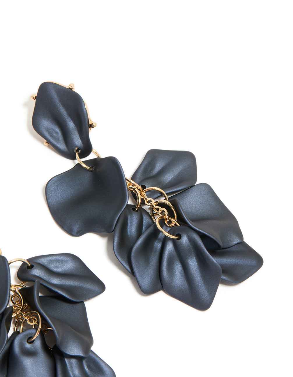 Stunning navy blue coated metal flower petal drop earrings designed with gold accents in post detail view
