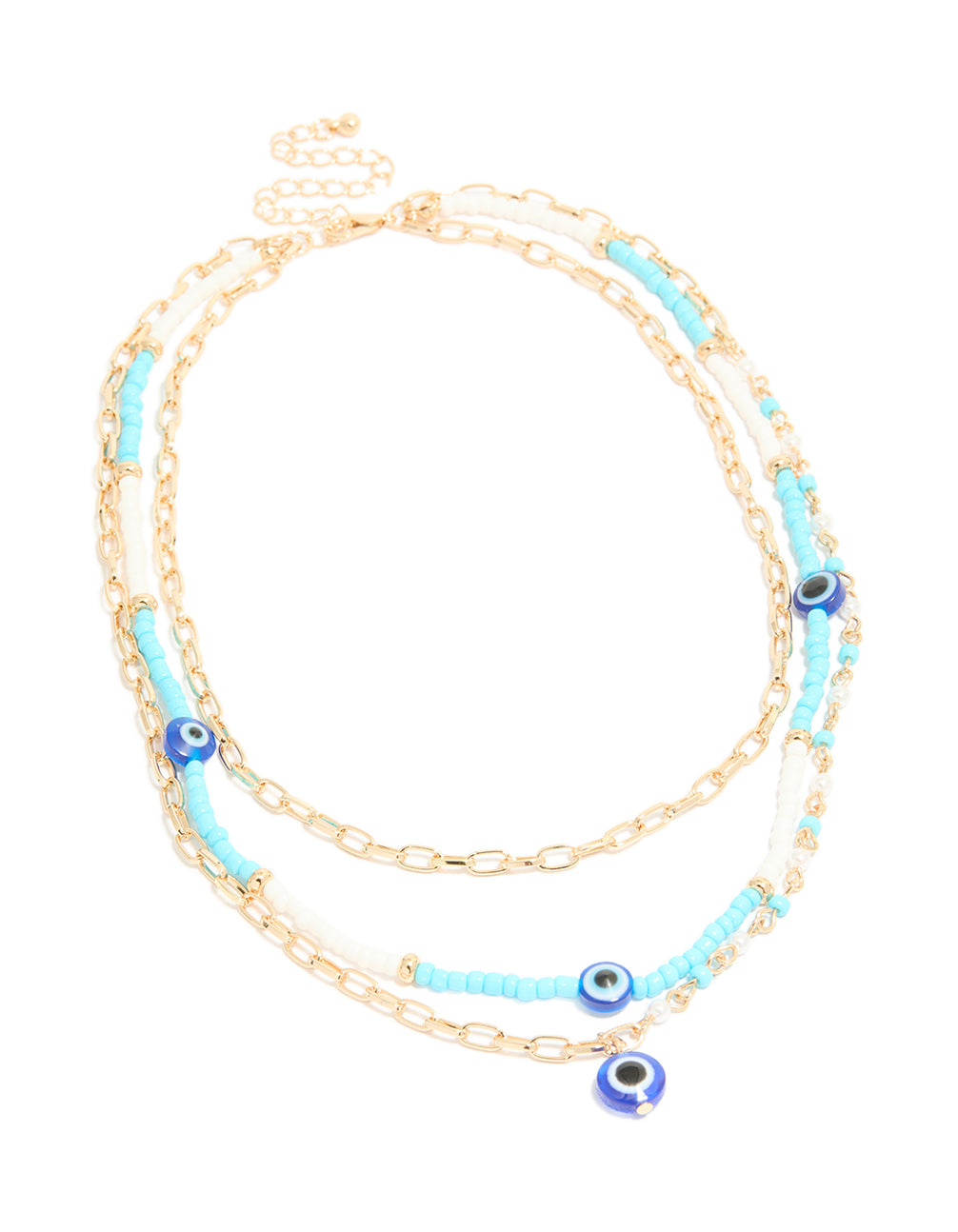 Featuring a gold blue beaded evil eye triple layered necklace with pearl accents in statement style front view