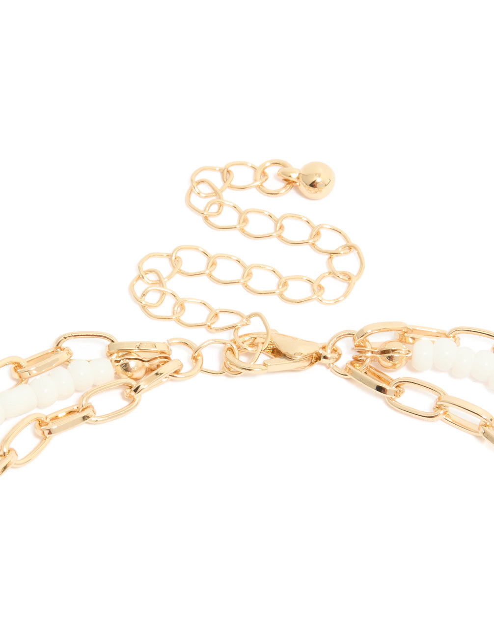 Highlighting a gold blue beaded evil eye triple layered necklace with pearl accents in statement style clasp detail view