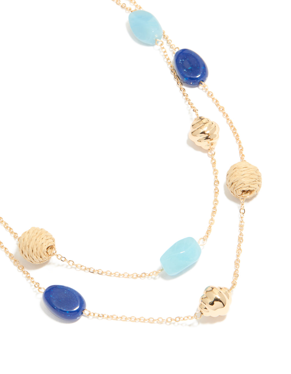 Showcasing a gold blue and raffia beaded layered necklace with statement style close up view