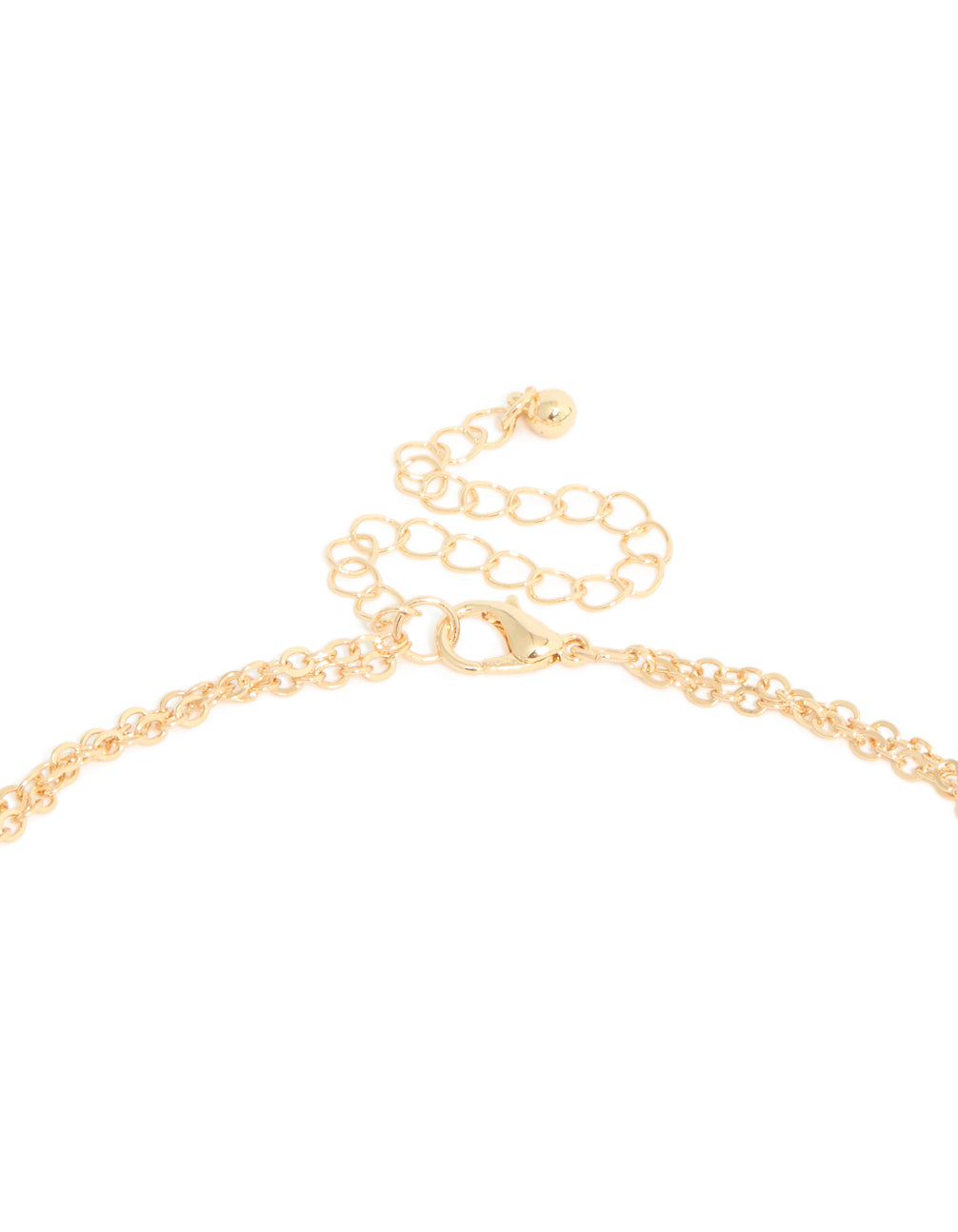 Detailed view of gold blue and raffia beaded layered statement necklace clasp detail view