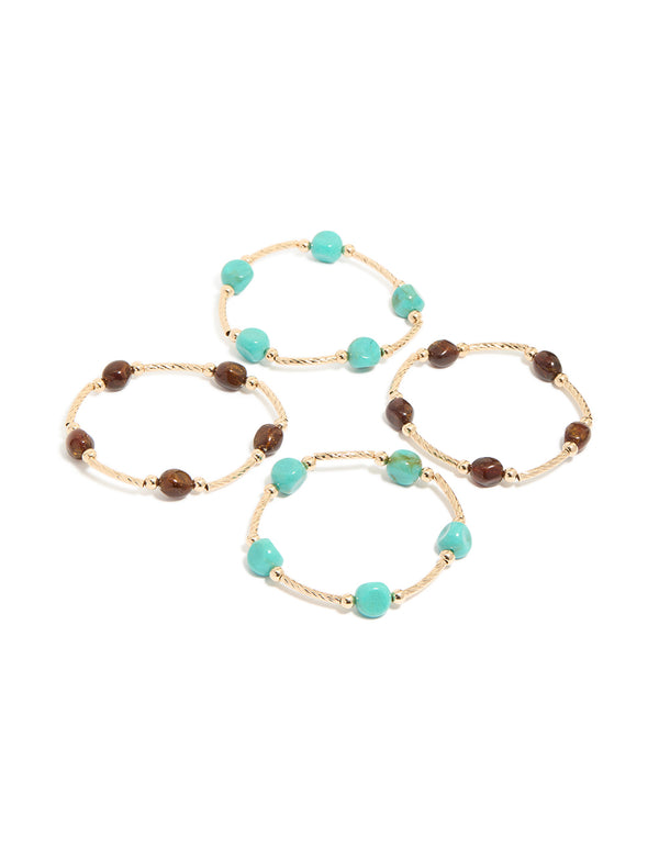 Showcasing a set of gold brown and turquoise beaded thin connector bracelets in a 4-pack front view
