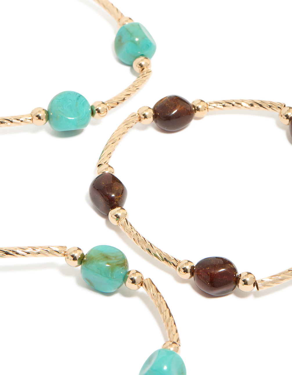 Capturing gold brown and turquoise beaded thin connector bracelets 4-pack close up view