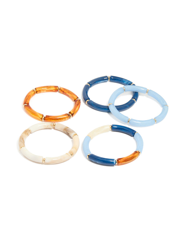 Gold Long Blue & Orange Acrylic Stretch Bracelets 5-Pack