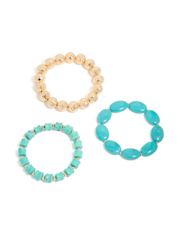 Gold & Blue Acrylic Irregular Beaded Stretch Bracelets 3-Pack