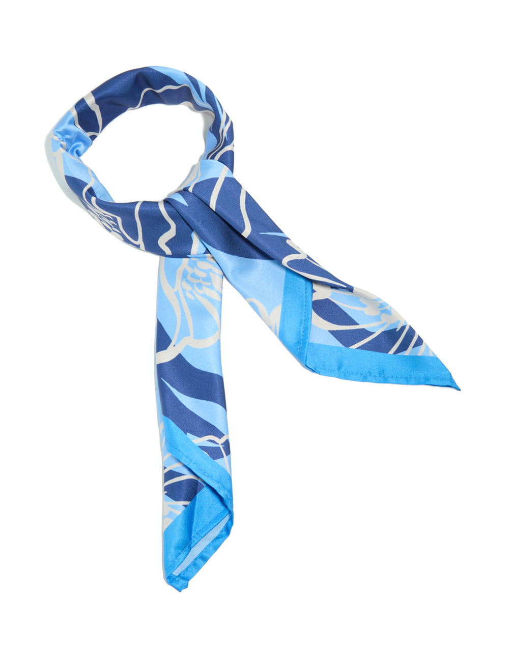 Showcasing a dark blue fabric scarf with grey flower outline crafted in navy, light blue and grey tones front view