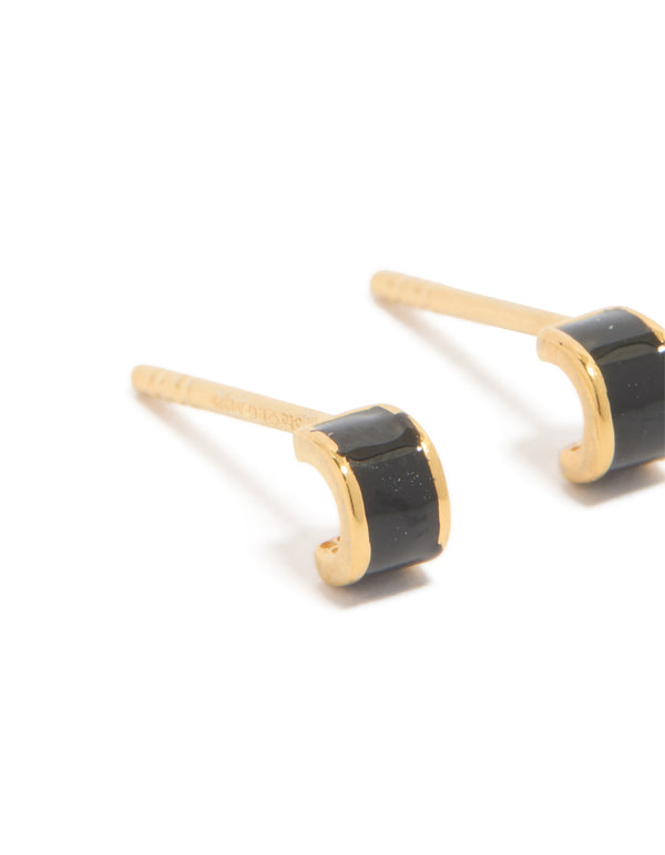 Gold Plated Sterling Silver Tiny Black Enamel Stud Earrings