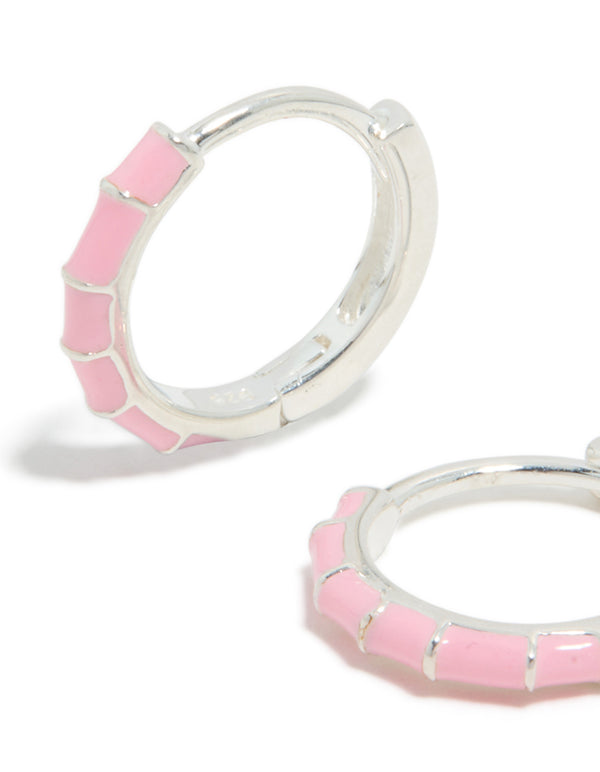 Sterling Silver Pink Enamel Bamboo Huggie Earrings