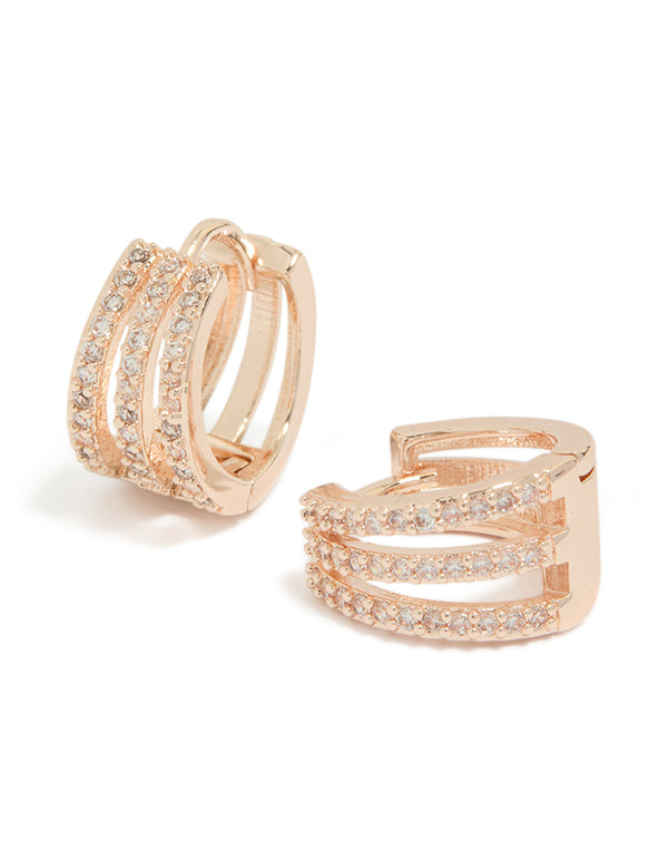 Showcasing rose gold plated layered hoop earrings featuring cubic zirconia front view