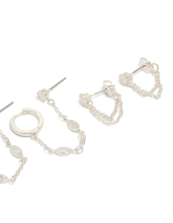Silver Plated Brass Chain & Stud Earrings 4-Pack