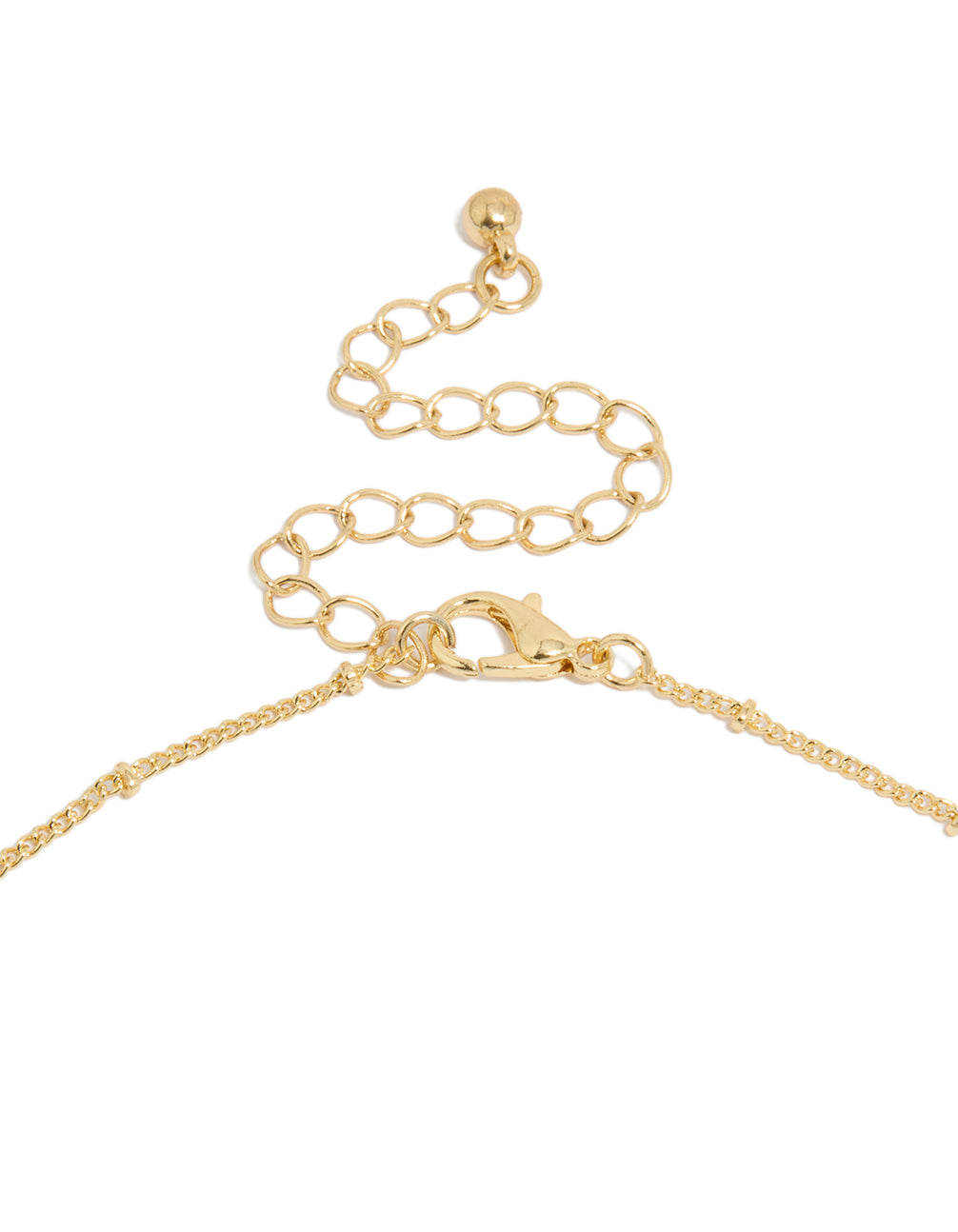 Highlighting the gold plated brass pearl and evil eye pendant necklace with beaded chain, charm details, and lobster clasp detail view