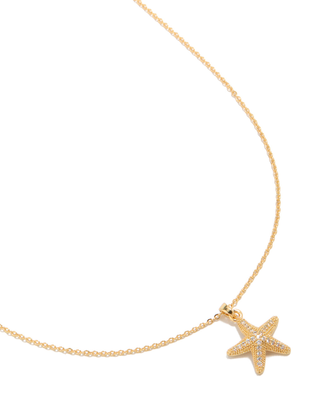 Beautifully designed gold plated brass pavé cubic zirconia starfish pendant necklace with ocean featuring close up view