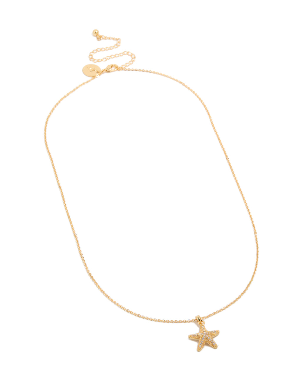 Stunning gold plated brass pavé cubic zirconia starfish pendant necklace with ocean featuring front view