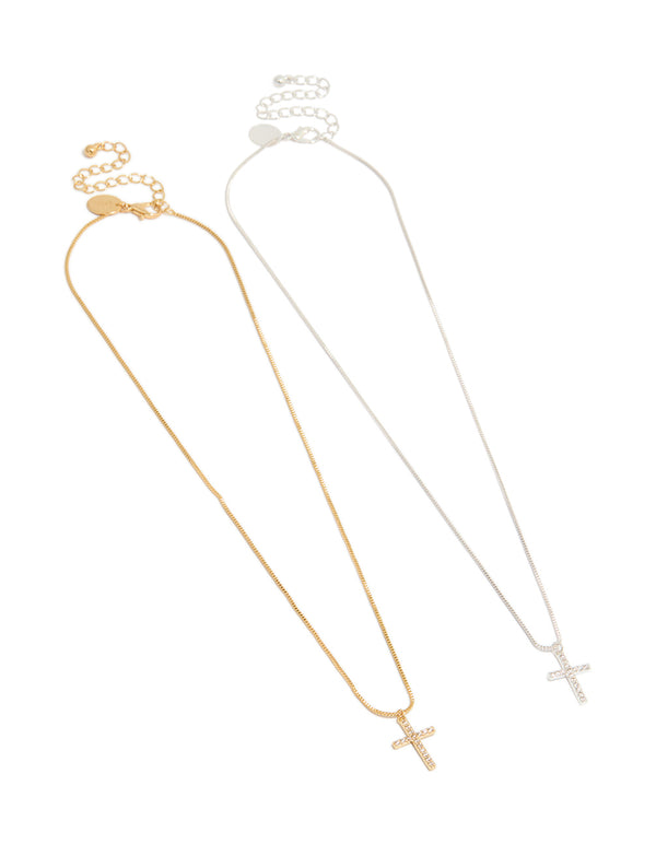 Explore mixed metal cubic zirconia cross pendant necklaces in a 2-pack with gold and silver plating front view