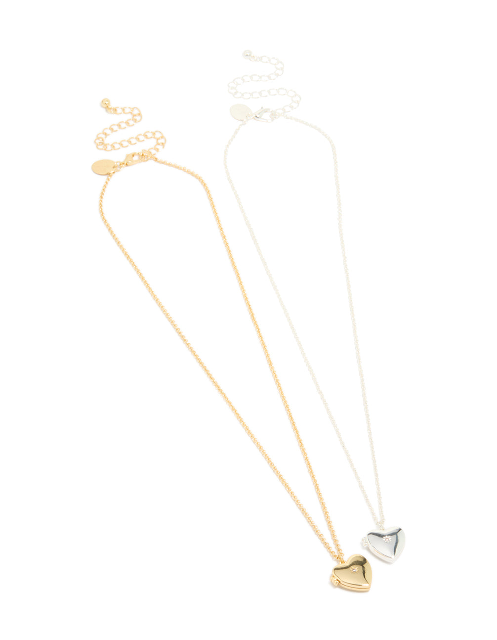 Stunning heart locket necklaces with cubic zirconia in silver and gold plated brass 2-pack front view