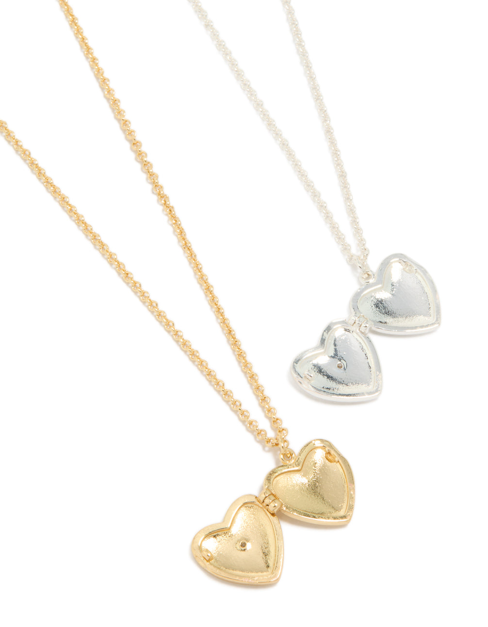 Beautifully crafted heart locket necklaces featuring cubic zirconia with silver and gold plated brass in a 2-pack close up view