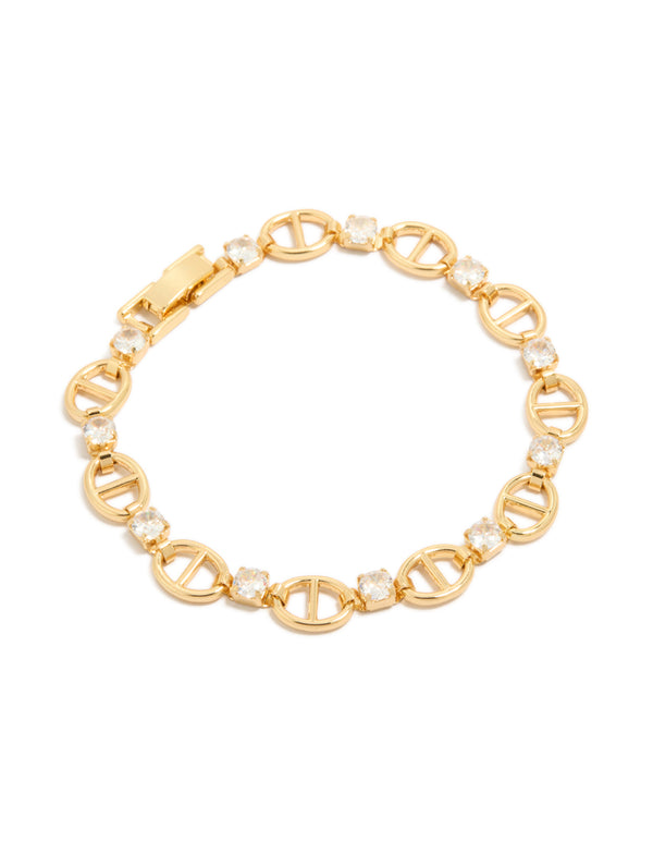Gold plated brass alternating cubic zirconia anchor chain bracelet in gold front view