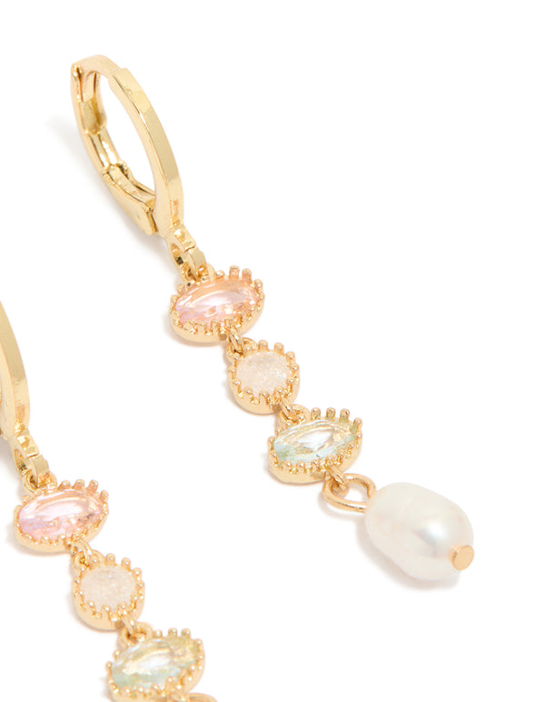 Gold Plated Cubic Zirconia & Freshwater Pearl Drop Earrings