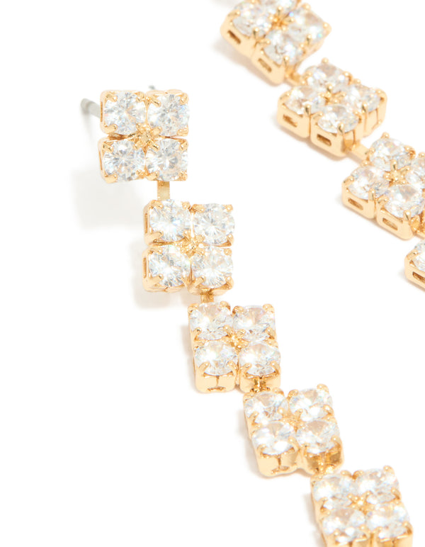Crafted from gold plated cubic zirconia drop earrings close up view