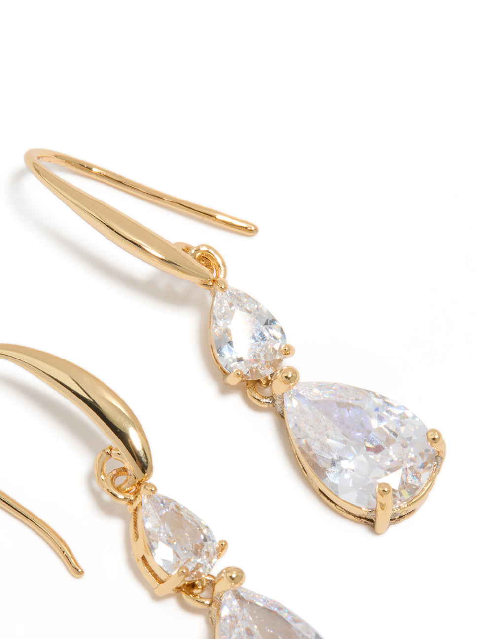 Refined gold plated cubic zirconia triangular drop hook earrings highlighting stone settings and hook post detail view