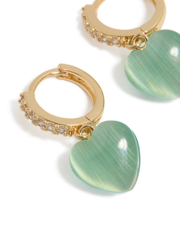 Gold Plated Cubic Zirconia Pave & Green Heart Huggie Earrings