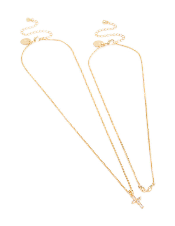 Gold Plated Angel Wing & Diamante Cross Necklaces 2-Pack