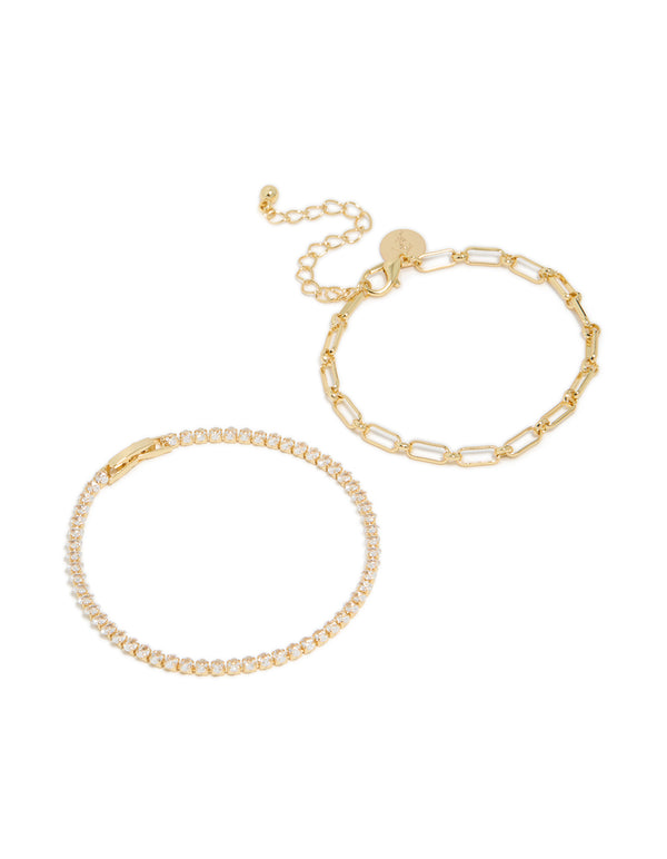 Gold Plated Cubic Zirconia Tennis & Chain Bracelets 2-Pack