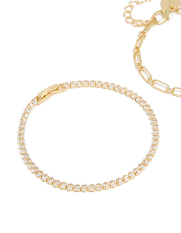 Gold Plated Cubic Zirconia Tennis & Chain Bracelets 2-Pack