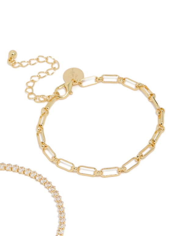 Gold Plated Cubic Zirconia Tennis & Chain Bracelets 2-Pack