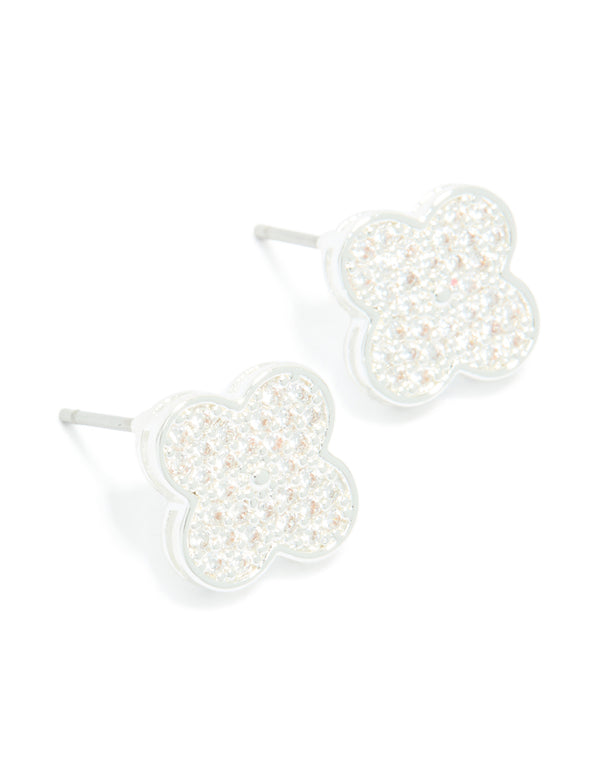 Discover dainty small floral stud earrings featuring silver plated metal and cubic zirconia in white front view