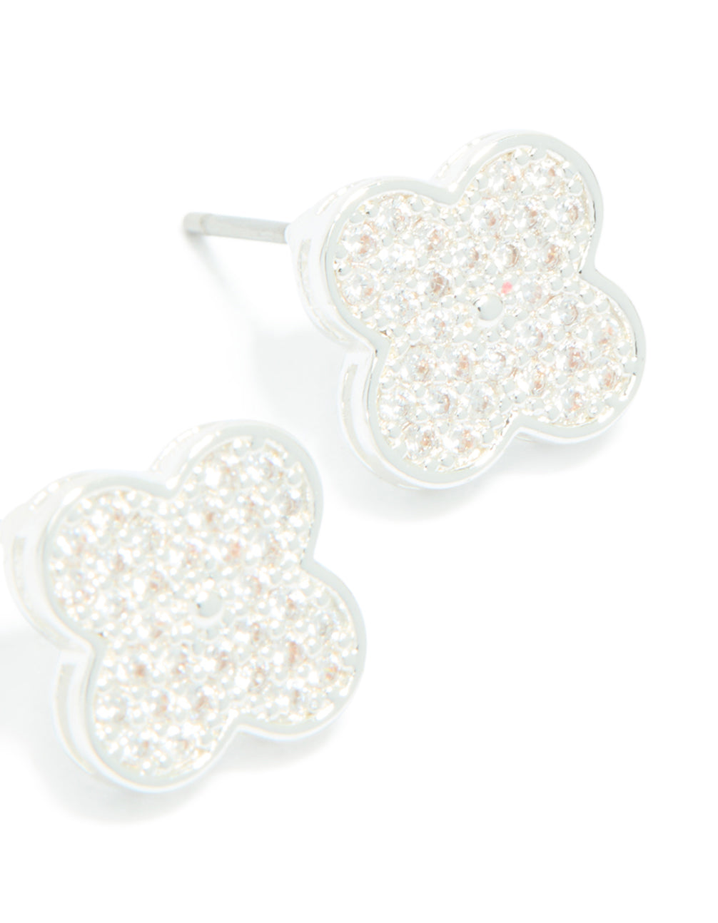 Admire dainty small floral stud earrings crafted from silver plated metal with cubic zirconia showcasing post detail view