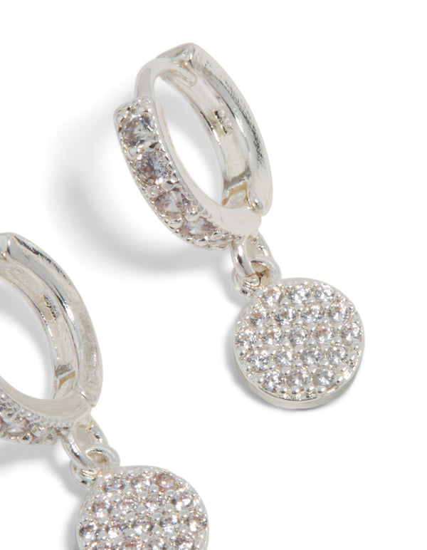 Crafted from silver plated cubic zirconia pavé circle drop earrings post detail view
