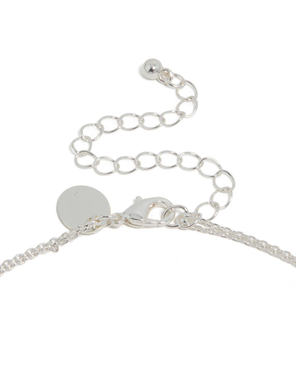 Displaying a silver plated cubic zirconia double layered heart pendant necklace clasp detail view