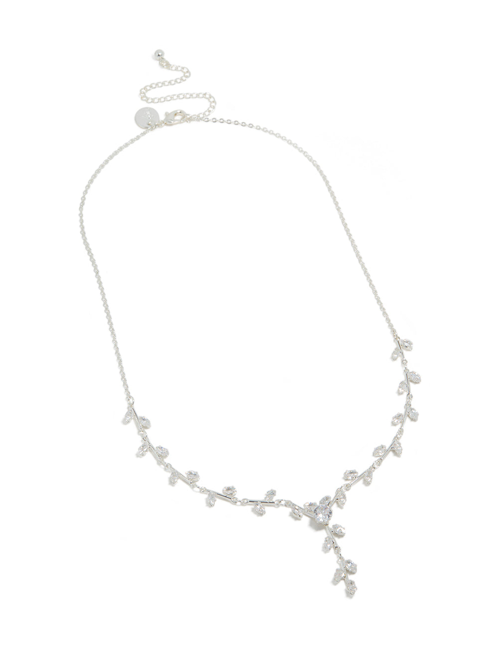 Highlighting a silver plated cubic zirconia dainty vine spaced necklace crafted with leaf motifs front view