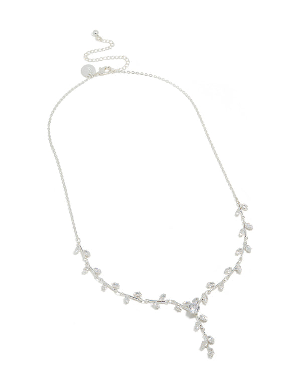 Elegant silver plated cubic zirconia dainty vine spaced necklace front view
