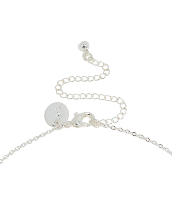 Showcasing silver plated cubic zirconia dainty vine spaced necklace clasp detail view