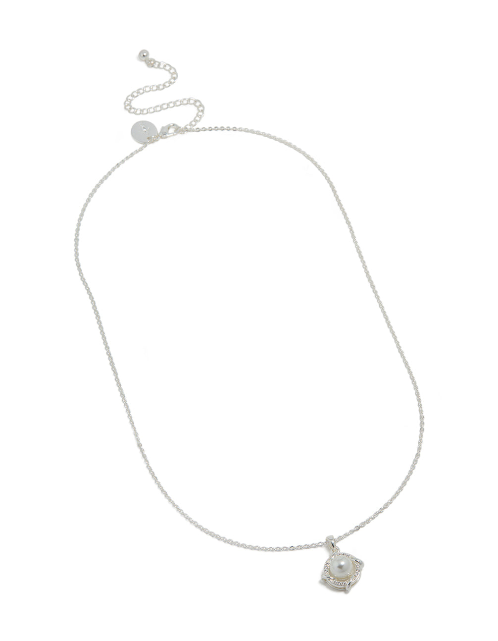 Crafted with silver plated cubic zirconia pearl centre pendant necklace front view