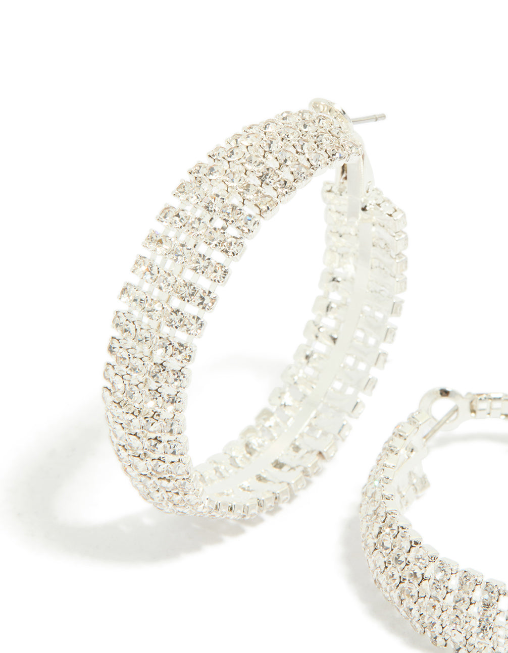 Elegant silver diamante hoop earrings in a close up view