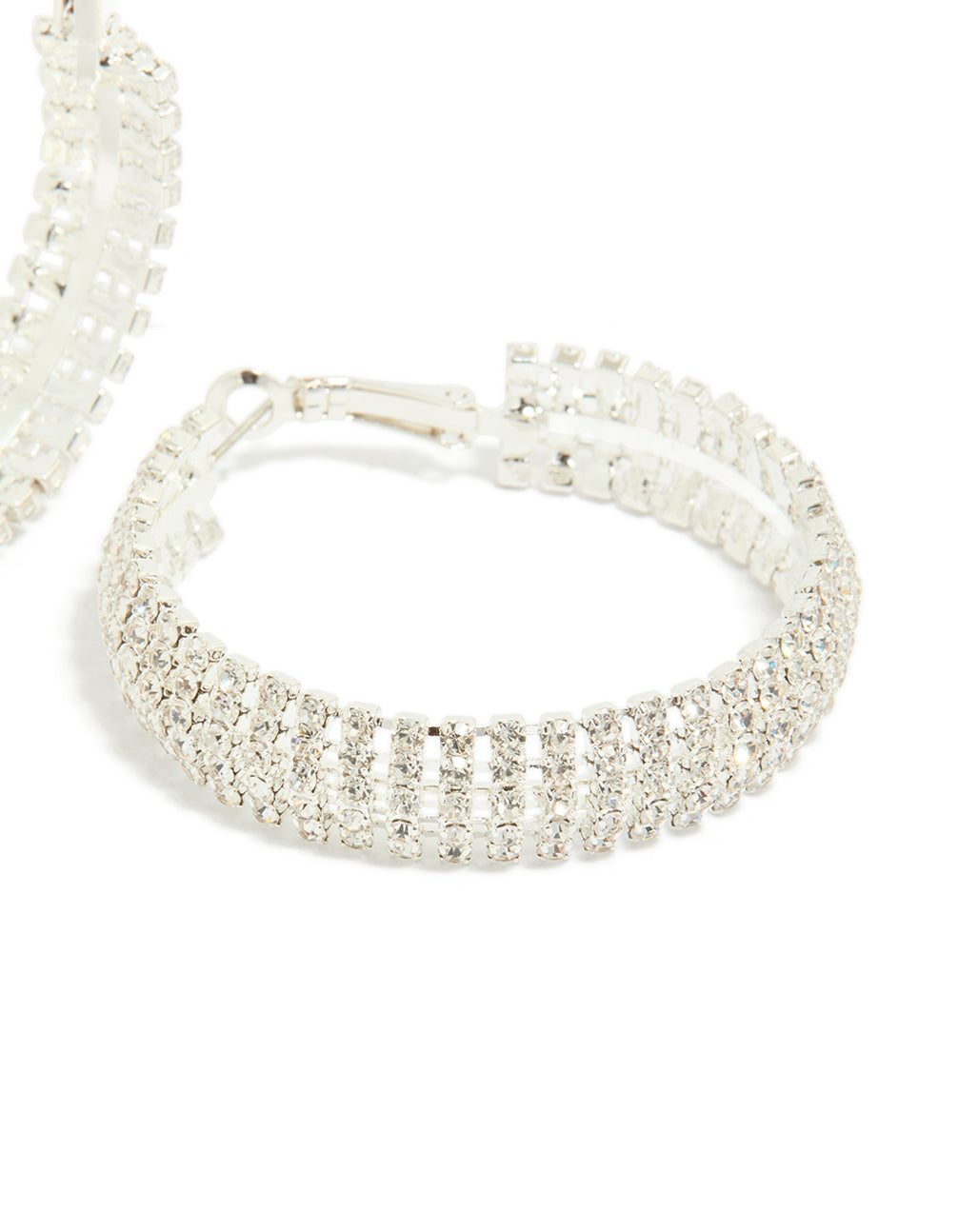 Beautiful silver diamante hoop earrings in a post detail view
