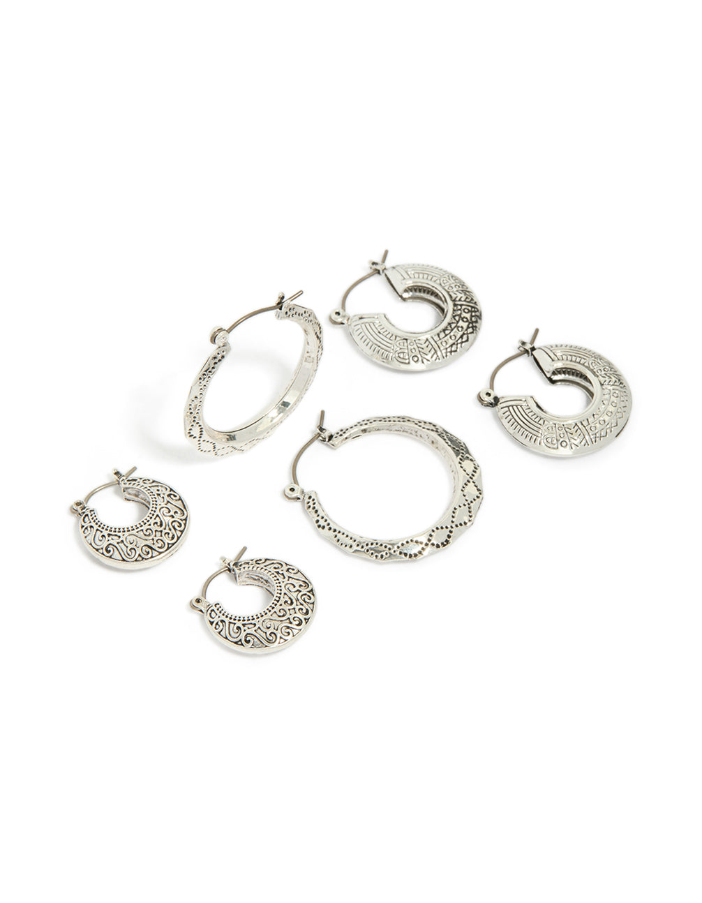 Antique Silver Textured Edged Hoop Earrings 3-Pack