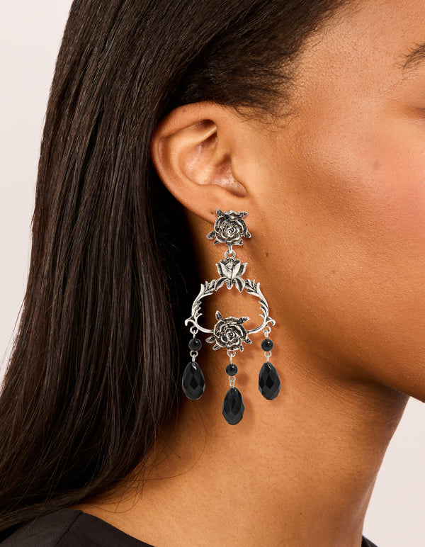 Silver Rose & Black Stones Drop Earrings