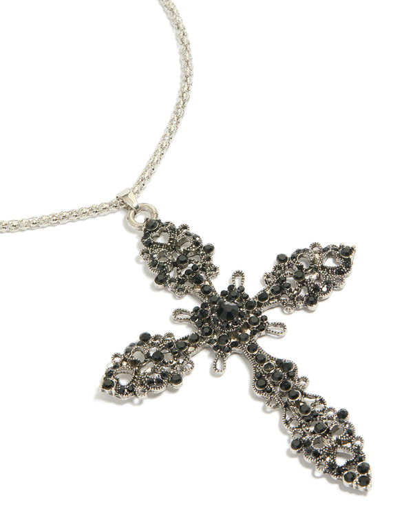 Silver Black Diamante Cross Pendant Necklace