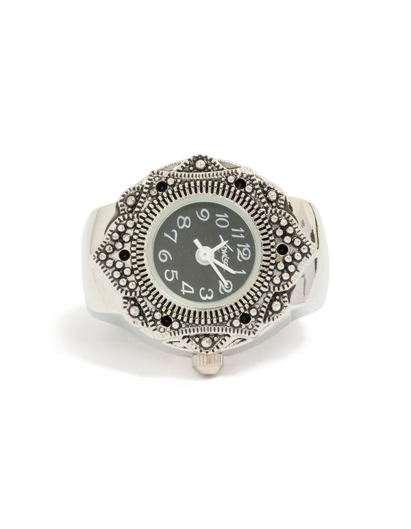 Silver Textured Black Watch Ring