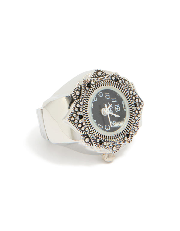 Silver Textured Black Watch Ring