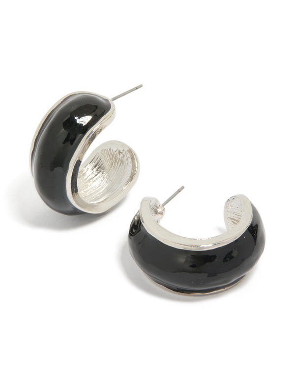 Showcasing silver black outer wide hoop earrings with glossy finish front view