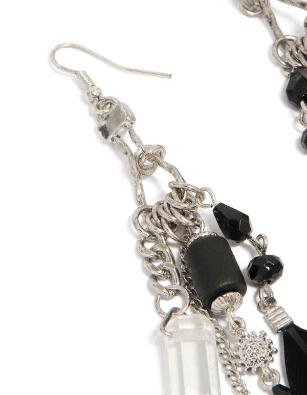 Antique Silver Black Feather & Chain Drop Earrings