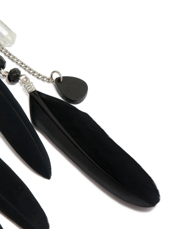 Antique Silver Black Feather & Chain Drop Earrings