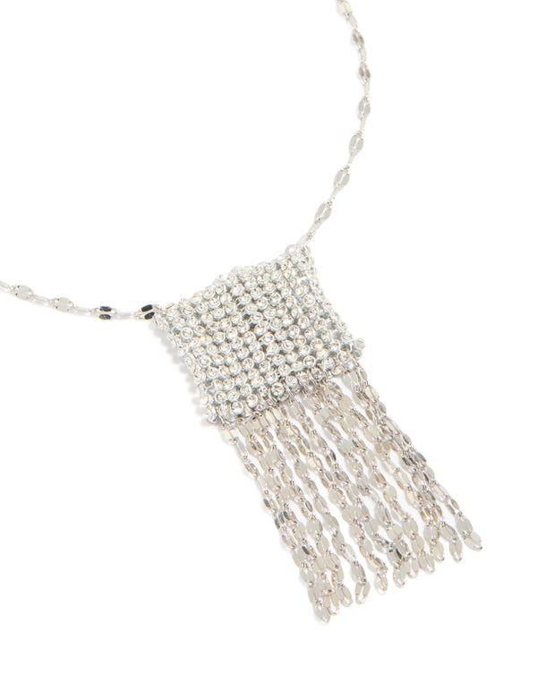 Discover this diamante bag necklace with tassel detailing in silver close up view