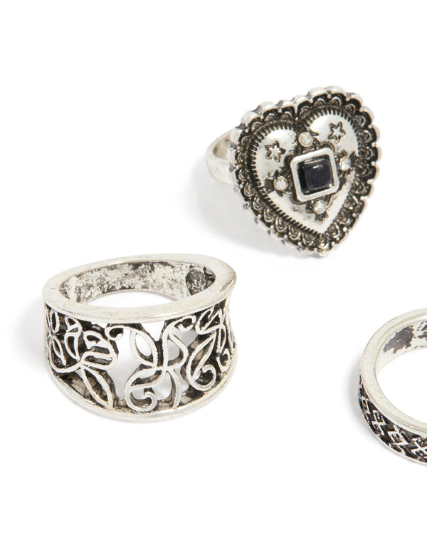 Antique Silver Heart & Textured Rings 4-Pack