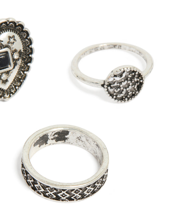 Antique Silver Heart & Textured Rings 4-Pack